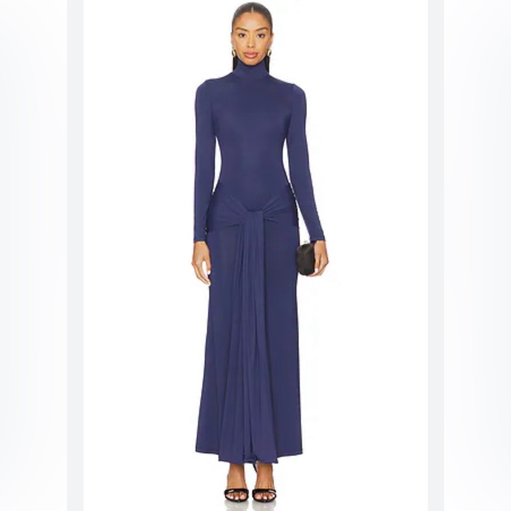 Bardot Navy Long-Sleeve Maxi Dress with Knot Detail